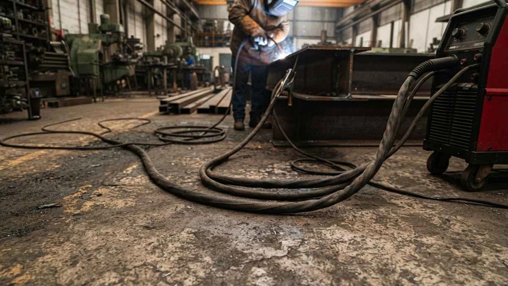 Cabo de soldagem em ambiente industrial de alta abrasão.