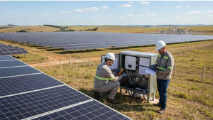 Instalação de cabos solares fotovoltaicos em uma grande usina de energia solar