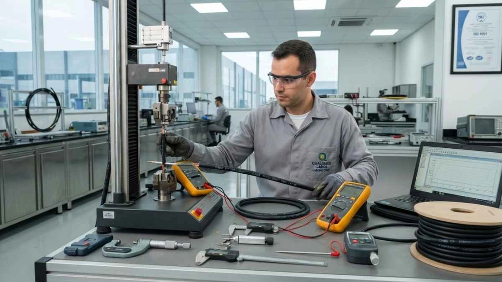 Por que escolher a Cabomaq como seu fabricante de cabo PP e cordões paralelos? 2 Técnico realizando controle de qualidade em cabos elétricos
