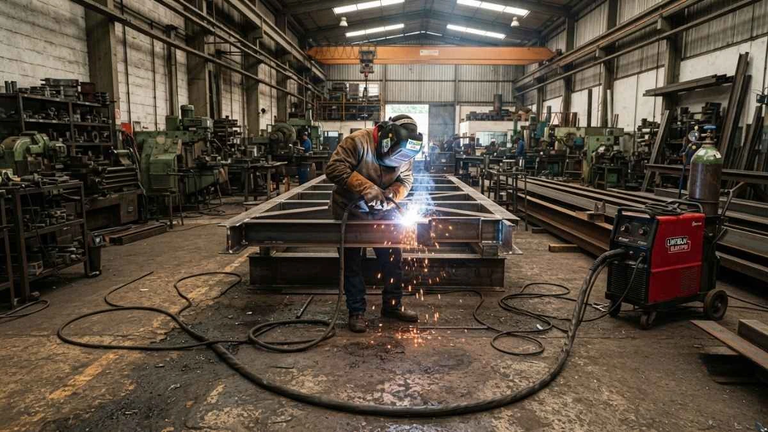 Cabo de soldagem em ambiente industrial de alta abrasão.
