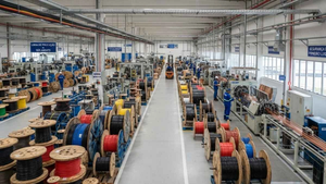 Fábrica de cabos elétricos com linhas de produção e bobinas industriais