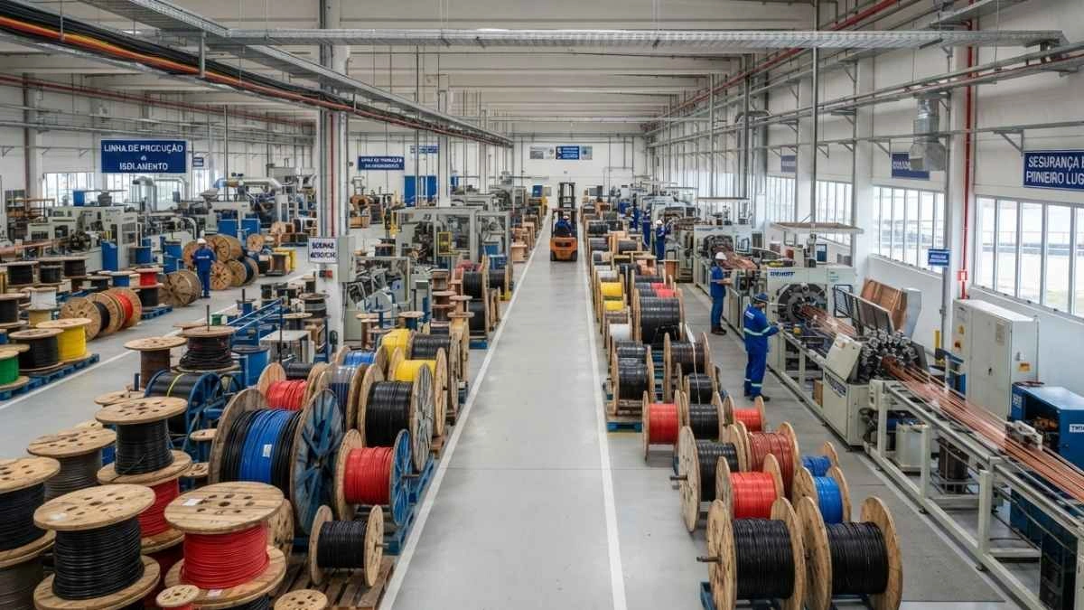 Fábrica de cabos elétricos com linhas de produção e bobinas industriais
