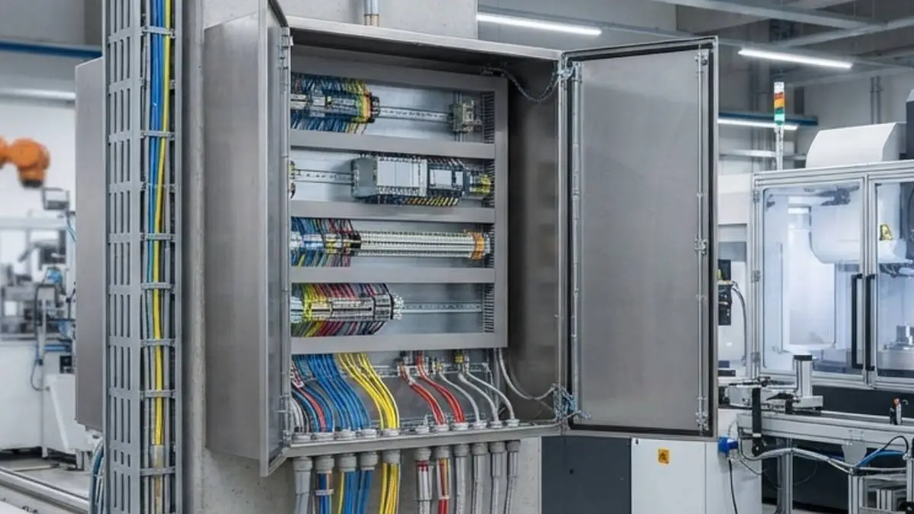 Como a blindagem protege o cabo de controle blindado contra interferências eletromagnéticas na indústria? 3 Painel industrial conectado por cabos de comando blindados.