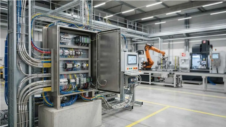 Cabo de controle blindado em ambiente de automação industrial.