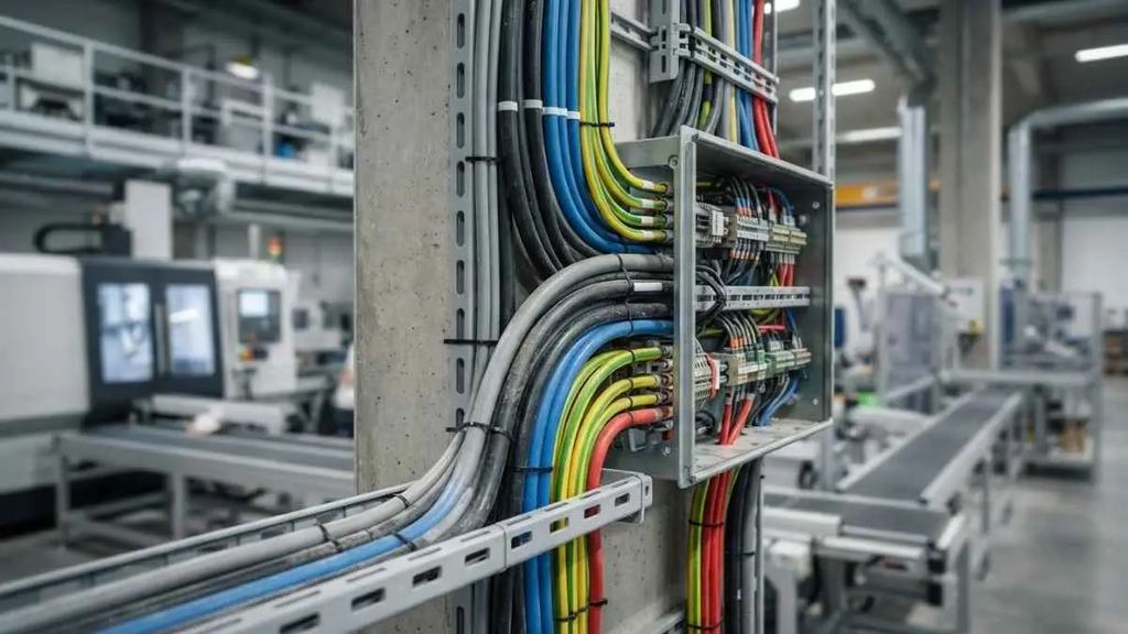 Cabos industriais de comando e controle instalados em ambiente fabril.