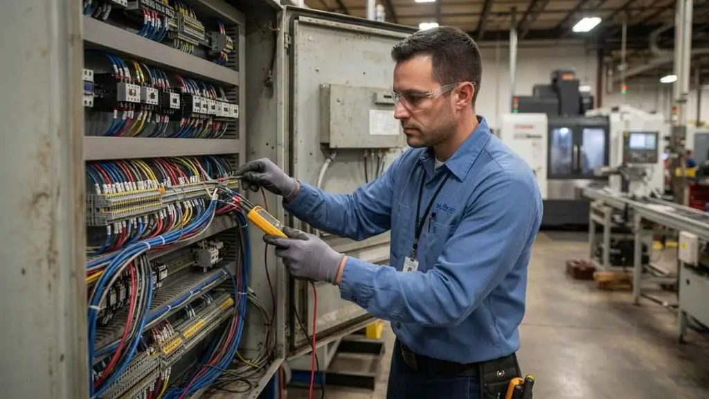 Técnico de manutenção avaliando cabos de comando e controle em painel industrial.