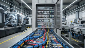 Cabos de comando e controle conectados a painel de automação industrial.