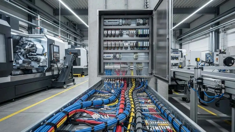 Cabos de comando e controle conectados a painel de automação industrial.