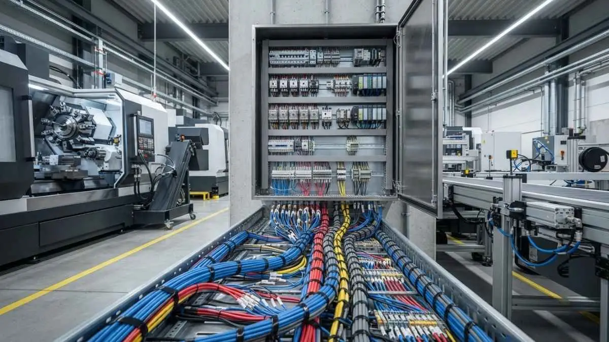 Cabos de comando e controle conectados a painel de automação industrial.