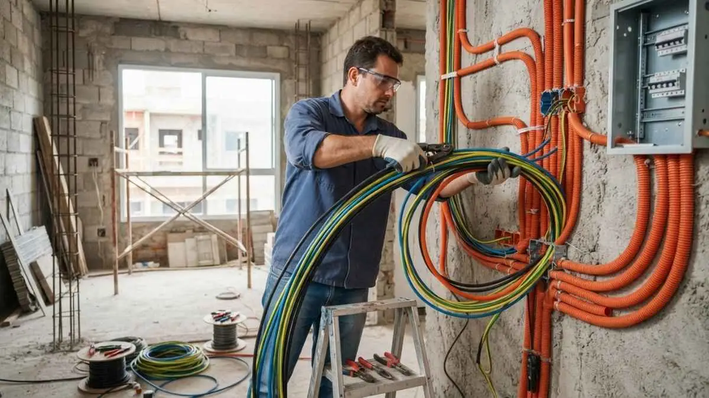 Guia prático: onde utilizar o cabo flexível 750v com segurança em instalações prediais? 2 Profissional instalando cabos elétricos flexíveis em eletrodutos.