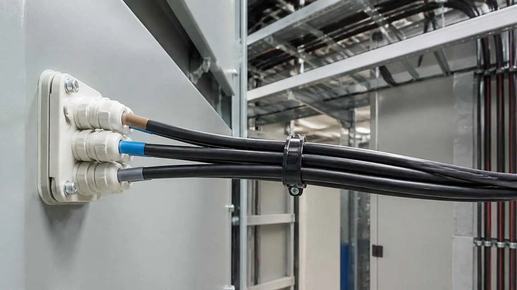 Cabo PP 4x4mm conectado a equipamento em ambiente comercial.