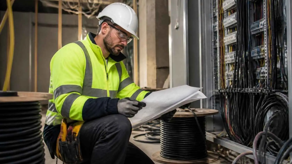 Eletricista avaliando a especificação de cabo elétrico para obra comercial.