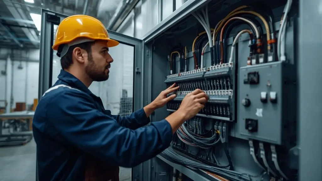  Profissional avaliando cabos flexíveis em painel elétrico.