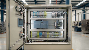 Painel de automação industrial com cabos de instrumentação e controle