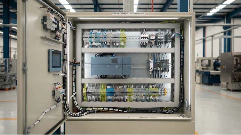 Painel de automação industrial com cabos de instrumentação e controle