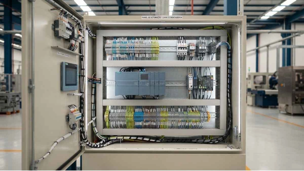 Painel de automação industrial com cabos de instrumentação e controle